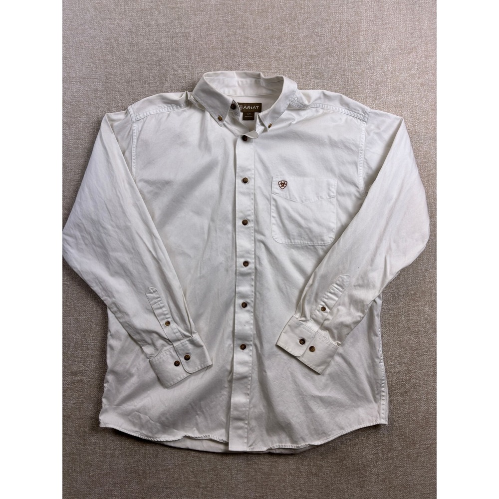 Ariat Mens Long Sleeve Button Down Western Work Shirt White Cotton Large